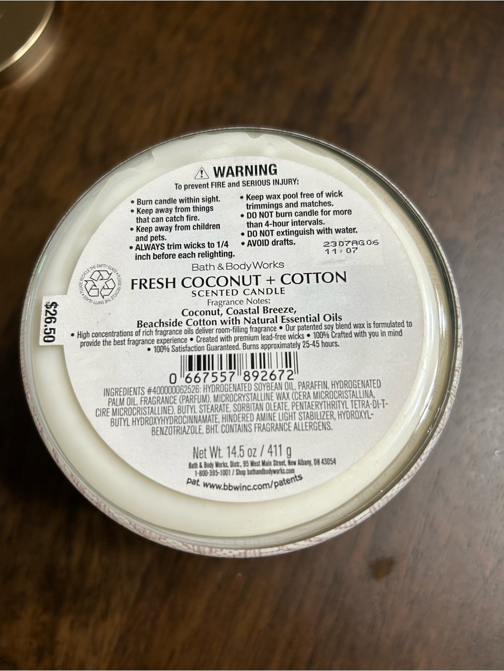 Bath & Body Works Fresh Coconut + Cotton Candle - Picture 4 of 4